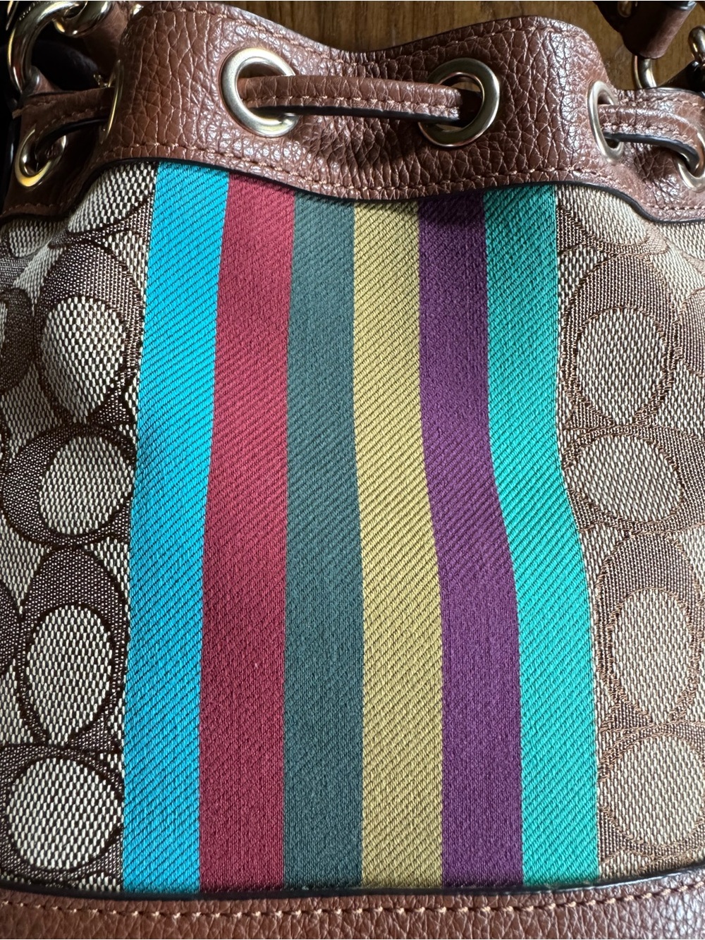 Coach Dempsey Signature Stripe Bucket Bag in Brown with Multicolor Stripe - Picture 6 of 15